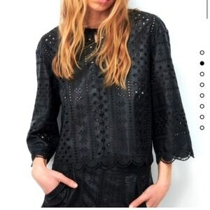 Zara Eyelet Top Button Down Blouse Cropped 3/4 Sleeve Black XS
